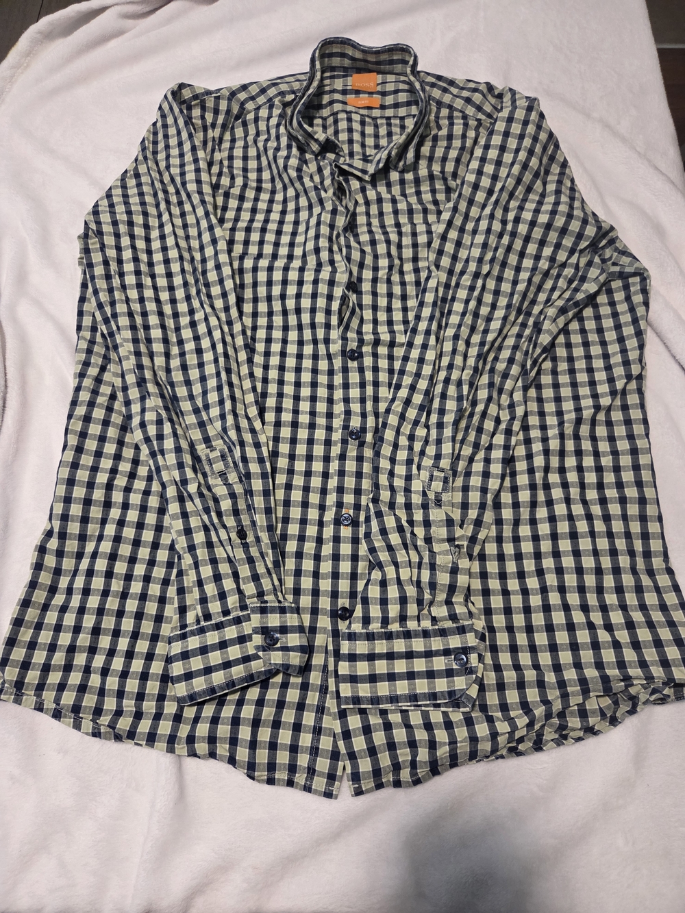 Hugo Boss Navy and Cream Check Long-Sleeve Button-Down Shirt